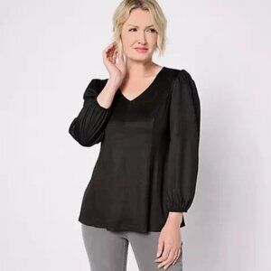 Susan Graver Faux Suede V-Neck Fit-and-Flare 3/4-Sleeve Top-Black-XL-NEW-A626974